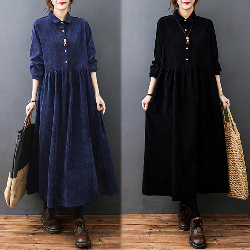 Textured Cotton Corduroy Long Sleeve Mindful Midi Dress