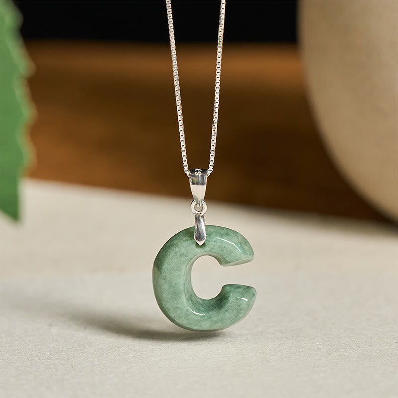 "May You Find Your Own Meaning" Natural A-Z Letter Jade 925 Sterling Silver Chain Necklace Includes Gift Message Card