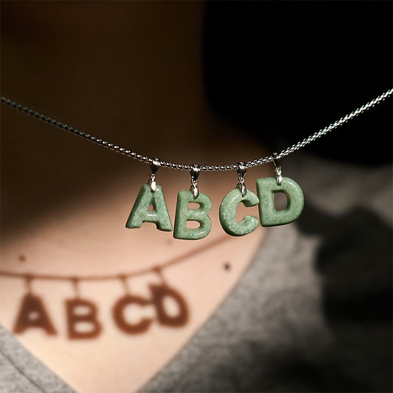 Natural A-Z Letter Jade Titanium Steel Wide Chain Prosperity Necklace Pendant