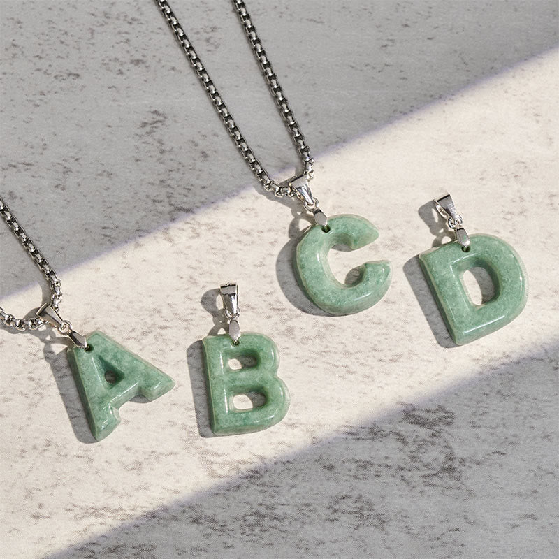 Natural A-Z Letter Jade Titanium Steel Wide Chain Prosperity Necklace Pendant