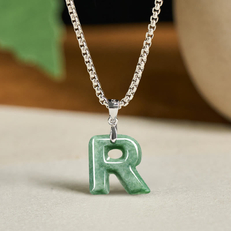 "May You Find Your Own Meaning" Natural A-Z Letter Jade Titanium Steel Chain Necklace Includes Gift Message Card