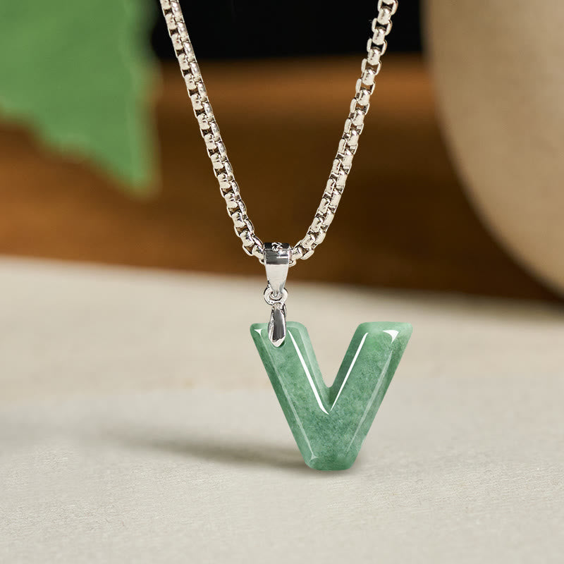 Natural A-Z Letter Jade Titanium Steel Wide Chain Prosperity Necklace Pendant