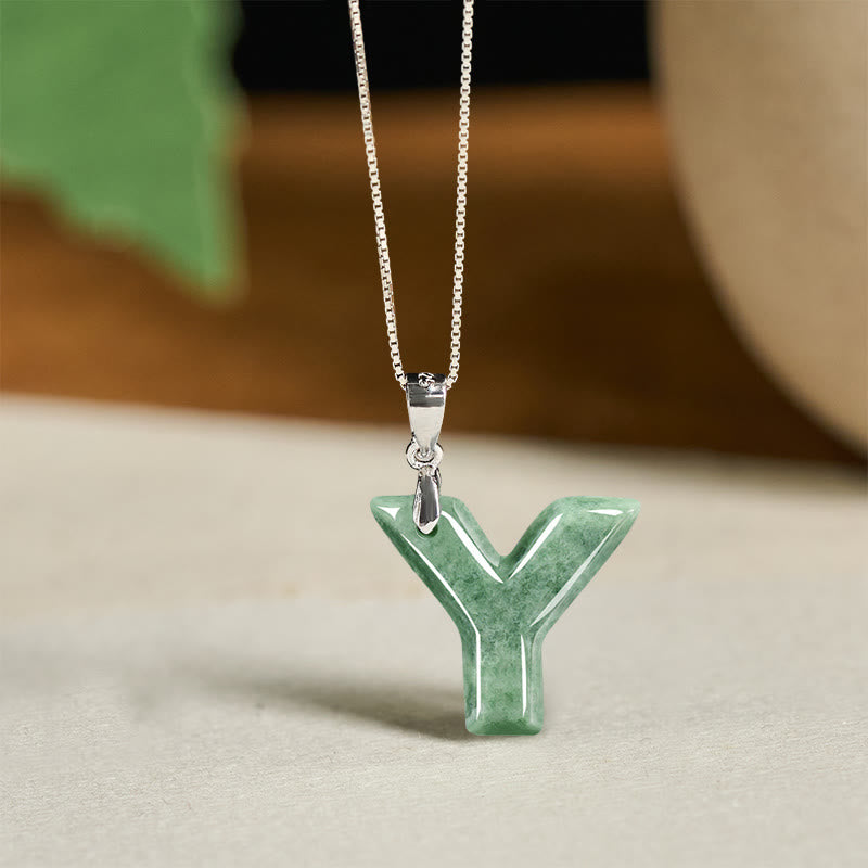 "May You Find Your Own Meaning" Natural A-Z Letter Jade Titanium Steel Chain Necklace Includes Gift Message Card