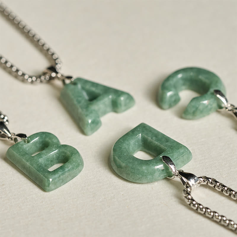 Natural A-Z Letter Jade Titanium Steel Wide Chain Prosperity Necklace Pendant