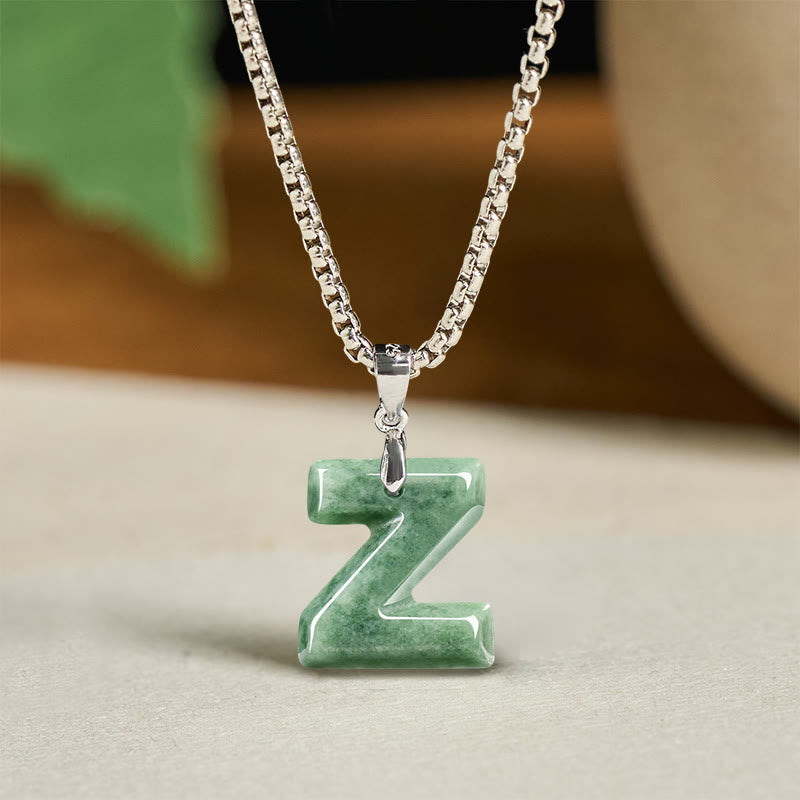 Natural A-Z Letter Jade Titanium Steel Wide Chain Prosperity Necklace Pendant