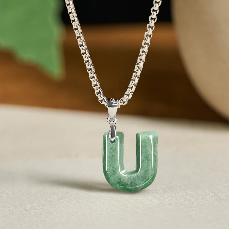 "May You Find Your Own Meaning" Natural A-Z Letter Jade Titanium Steel Chain Necklace Includes Gift Message Card