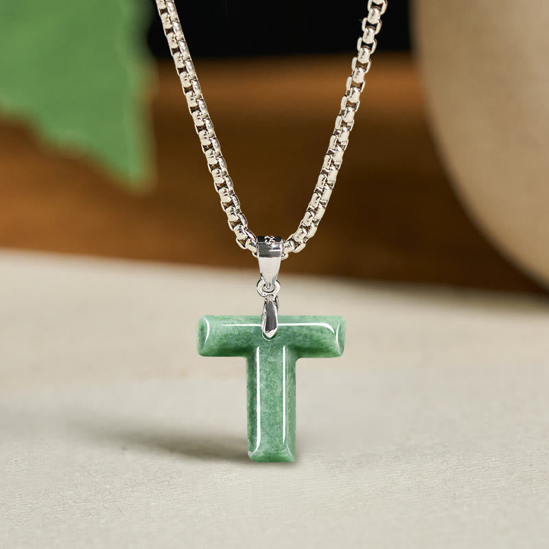 "May You Find Your Own Meaning" Natural A-Z Letter Jade Titanium Steel Chain Necklace Includes Gift Message Card