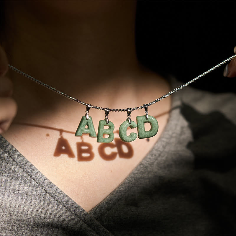 Natural A-Z Letter Jade Titanium Steel Wide Chain Prosperity Necklace Pendant