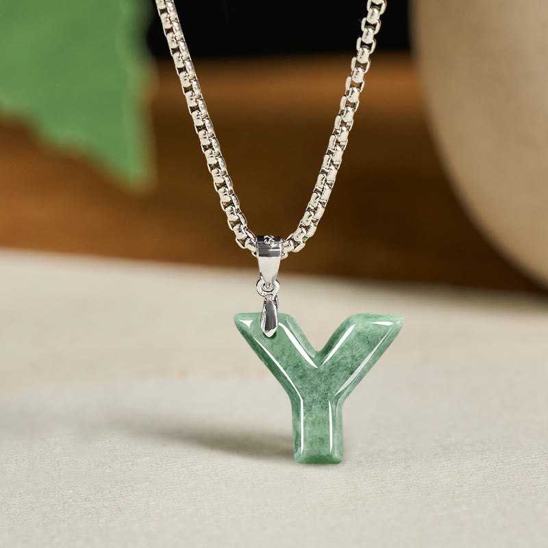 Natural A-Z Letter Jade Titanium Steel Wide Chain Prosperity Necklace Pendant