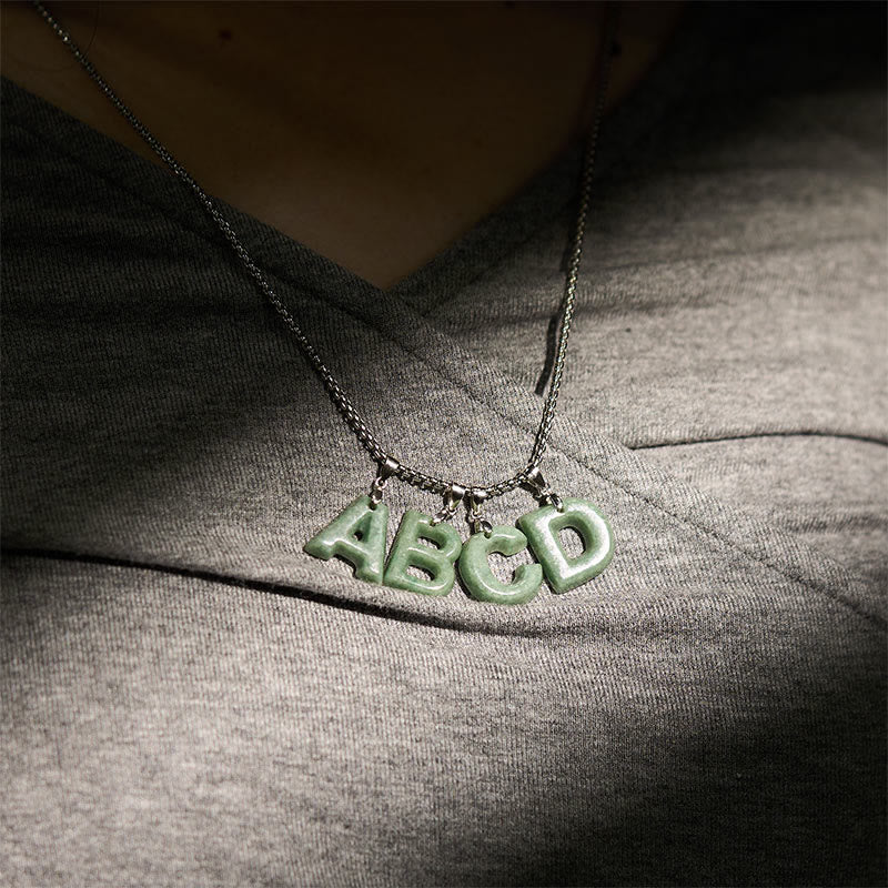 Natural A-Z Letter Jade Titanium Steel Wide Chain Prosperity Necklace Pendant
