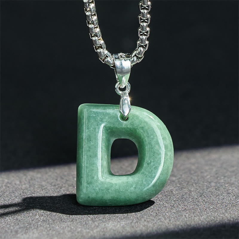 Natural A-Z Letter Jade Titanium Steel Wide Chain Prosperity Necklace Pendant