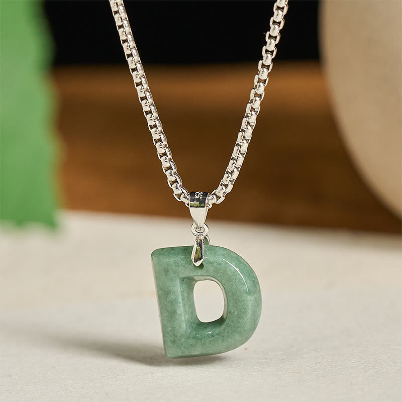 Natural A-Z Letter Jade Titanium Steel Wide Chain Prosperity Necklace Pendant