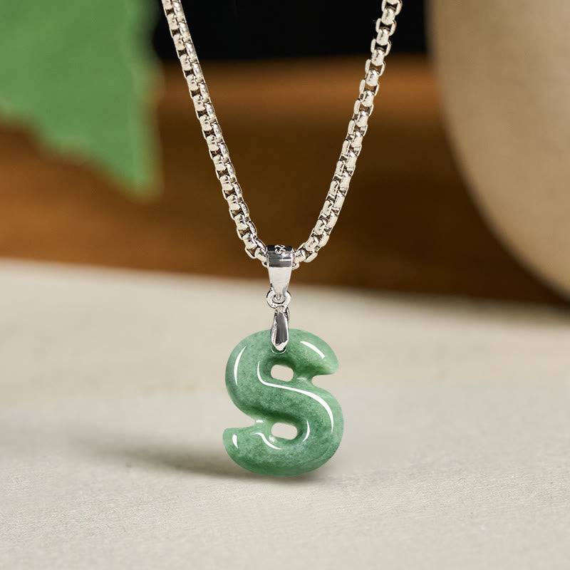 Natural A-Z Letter Jade Titanium Steel Wide Chain Prosperity Necklace Pendant