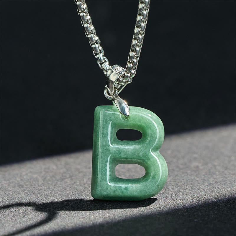 Natural A-Z Letter Jade Titanium Steel Wide Chain Prosperity Necklace Pendant