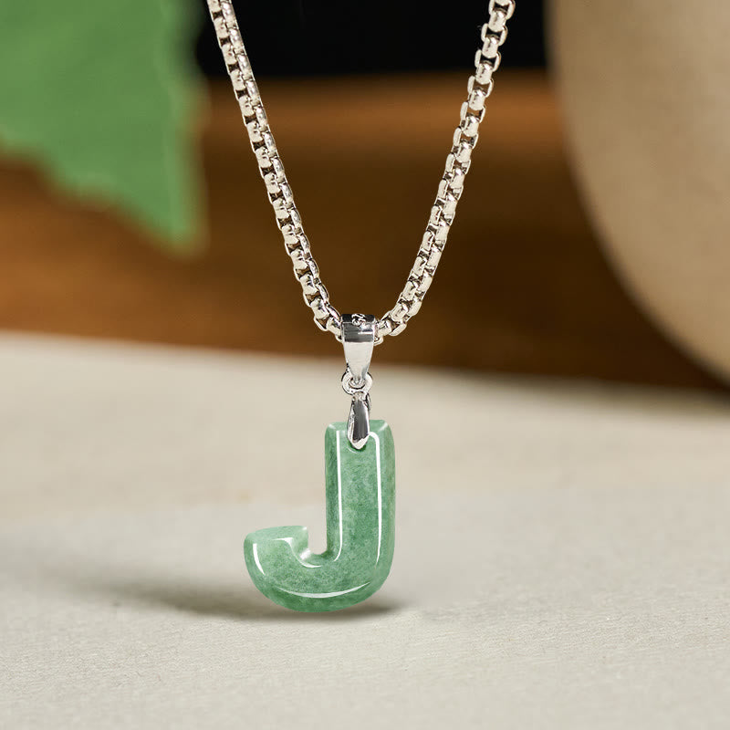 Natural A-Z Letter Jade Titanium Steel Wide Chain Prosperity Necklace Pendant