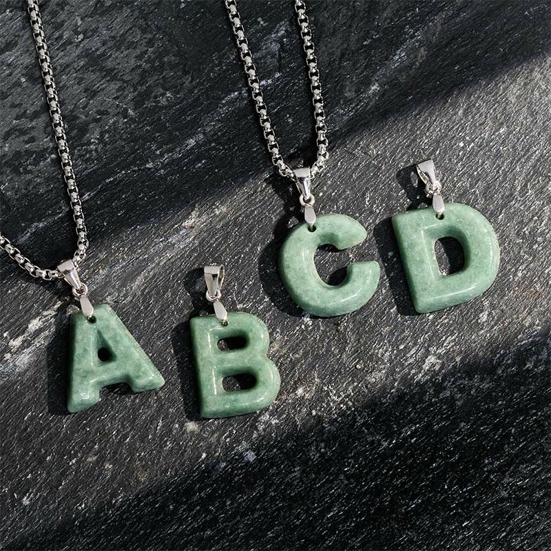 Natural A-Z Letter Jade Titanium Steel Wide Chain Prosperity Necklace Pendant
