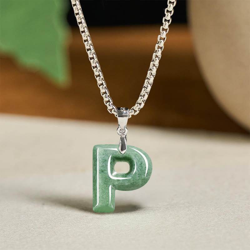 Natural A-Z Letter Jade Titanium Steel Wide Chain Prosperity Necklace Pendant