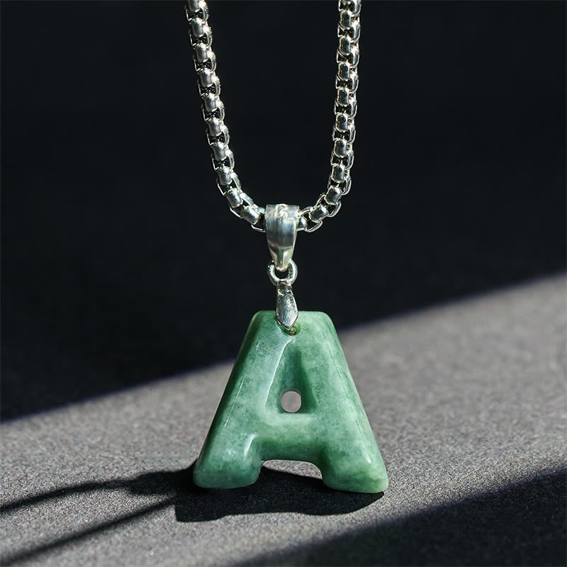 "May You Find Your Own Meaning" Natural A-Z Letter Jade Titanium Steel Chain Necklace Includes Gift Message Card