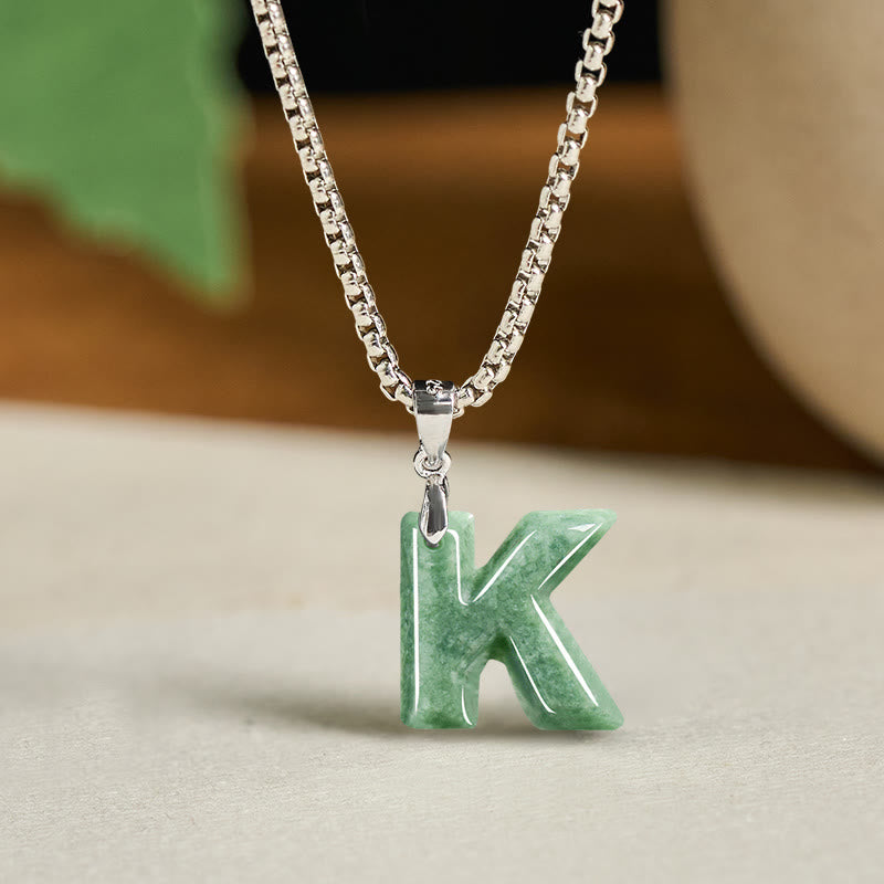 Natural A-Z Letter Jade Titanium Steel Wide Chain Prosperity Necklace Pendant
