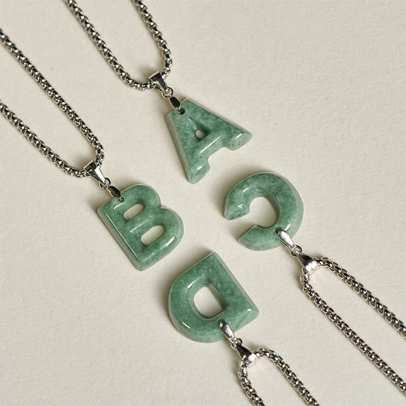 Natural A-Z Letter Jade Titanium Steel Wide Chain Prosperity Necklace Pendant
