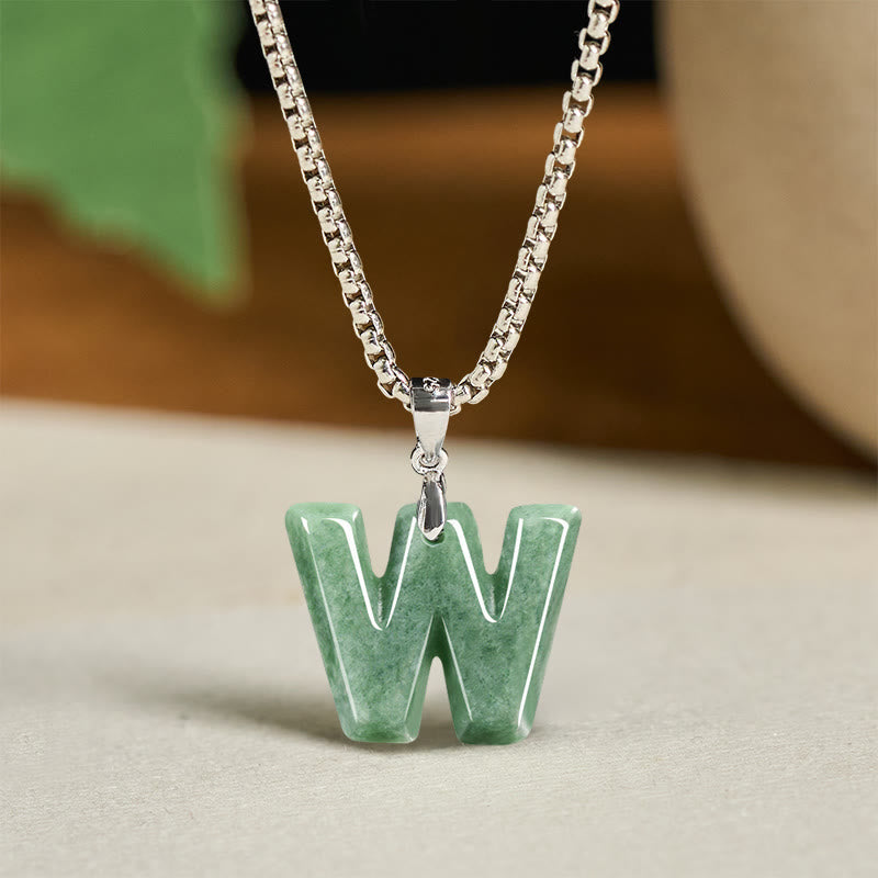 Natural A-Z Letter Jade Titanium Steel Wide Chain Prosperity Necklace Pendant