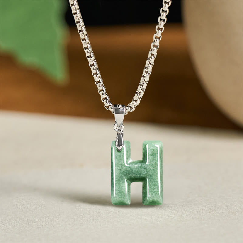 Natural A-Z Letter Jade Titanium Steel Wide Chain Prosperity Necklace Pendant