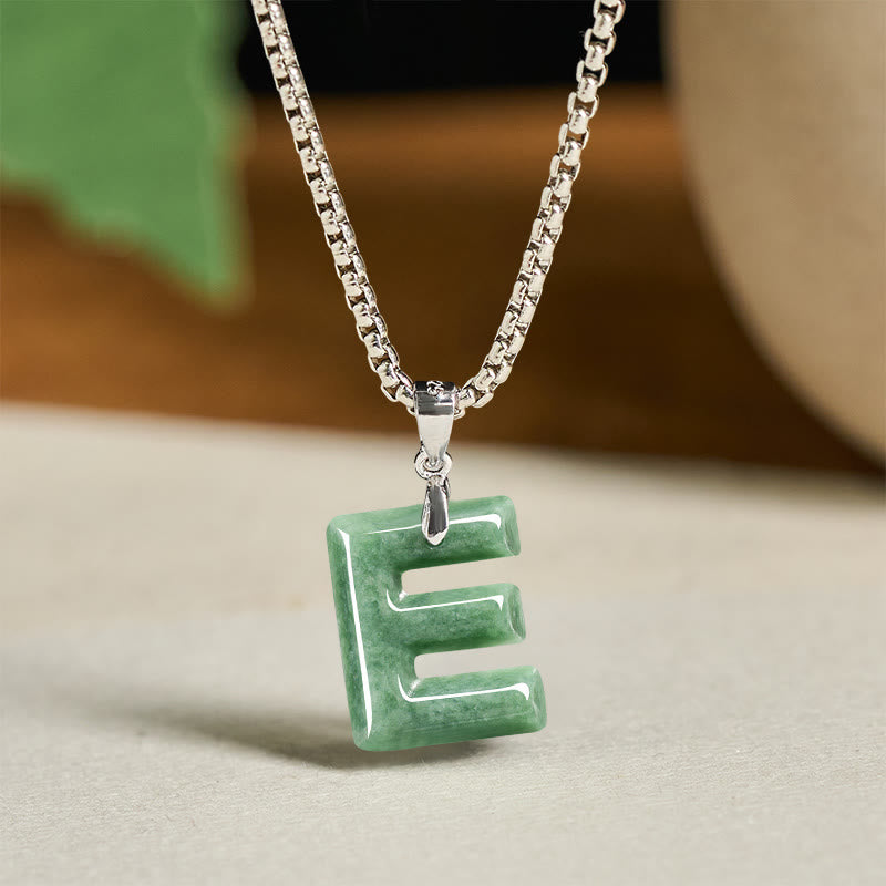 Natural A-Z Letter Jade Titanium Steel Wide Chain Prosperity Necklace Pendant