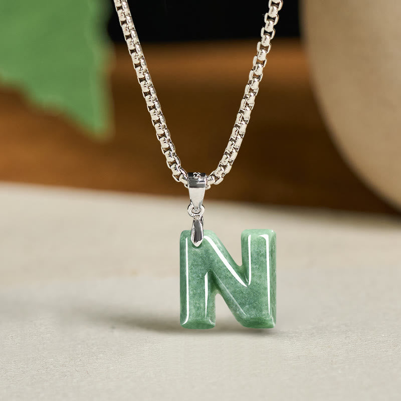 Natural A-Z Letter Jade Titanium Steel Wide Chain Prosperity Necklace Pendant