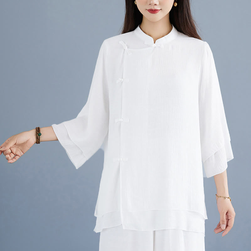 Breathable White Frog-Button Wide-Leg Meditation Set