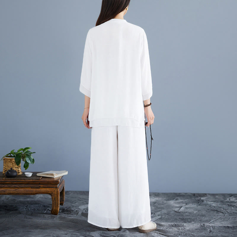 Breathable White Frog-Button Wide-Leg Meditation Set