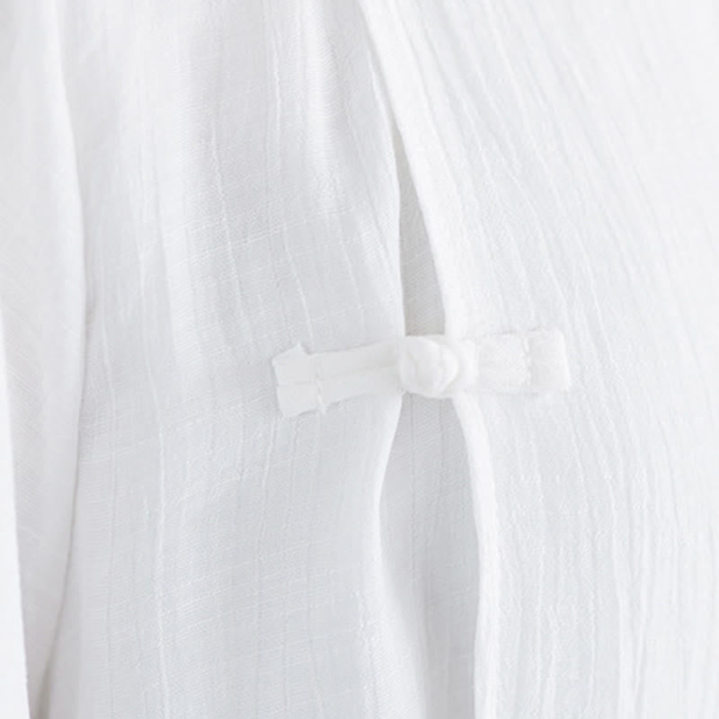 Breathable White Frog-Button Wide-Leg Meditation Set
