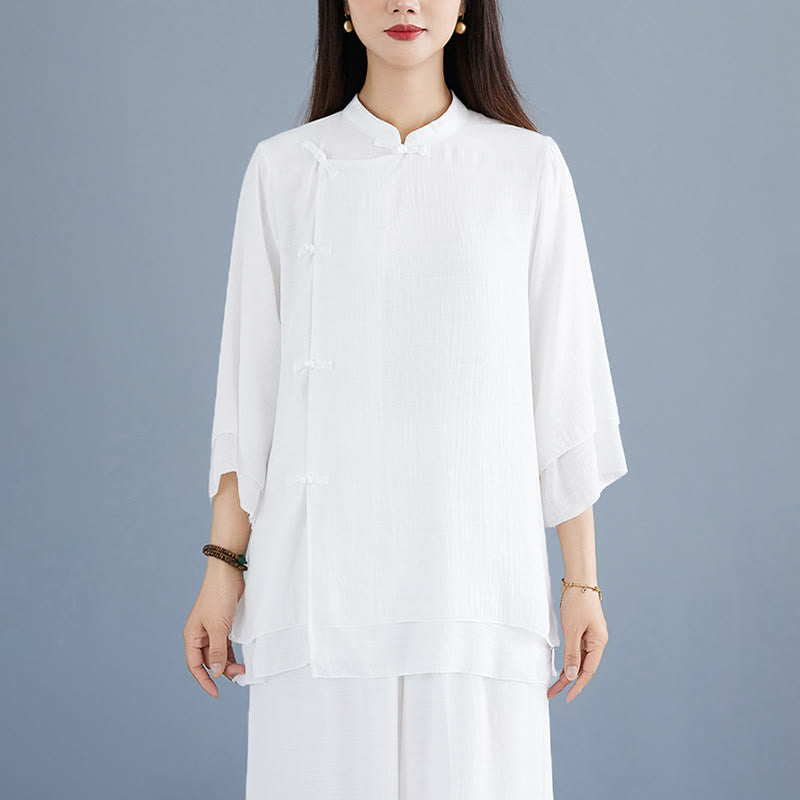 Breathable White Frog-Button Wide-Leg Meditation Set