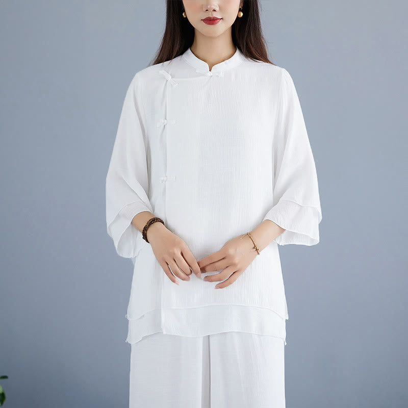 Breathable White Frog-Button Wide-Leg Meditation Set
