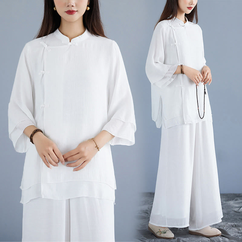 Breathable White Frog-Button Wide-Leg Meditation Set