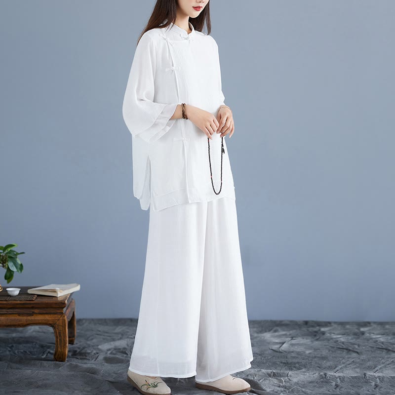 Breathable White Frog-Button Wide-Leg Meditation Set