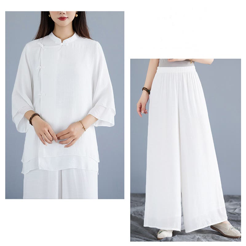 Breathable White Frog-Button Wide-Leg Meditation Set