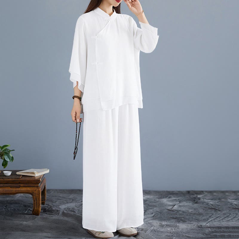 Breathable White Frog-Button Wide-Leg Meditation Set