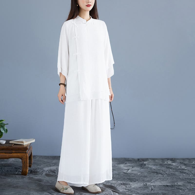 Breathable White Frog-Button Wide-Leg Meditation Set