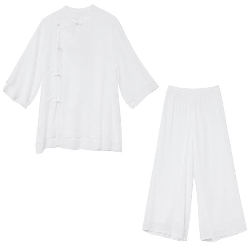 Breathable White Frog-Button Wide-Leg Meditation Set