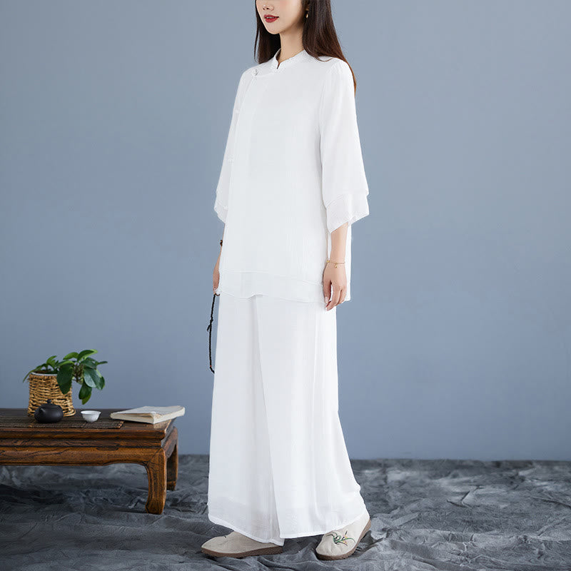 Breathable White Frog-Button Wide-Leg Meditation Set
