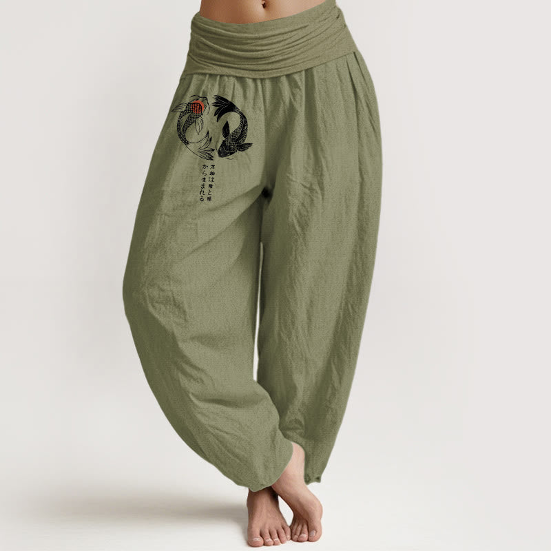 Breathable Cotton Symmetrical Koi Motif Meditation Harem Pants