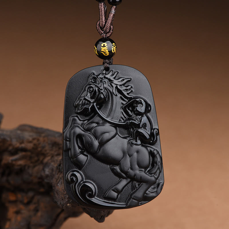 Year of the Horse Monkey Design Black Obsidian Purification Necklace Pendant