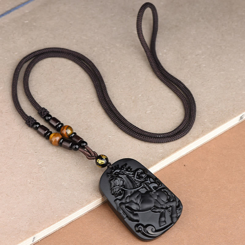 Year of the Horse Monkey Design Black Obsidian Purification Necklace Pendant