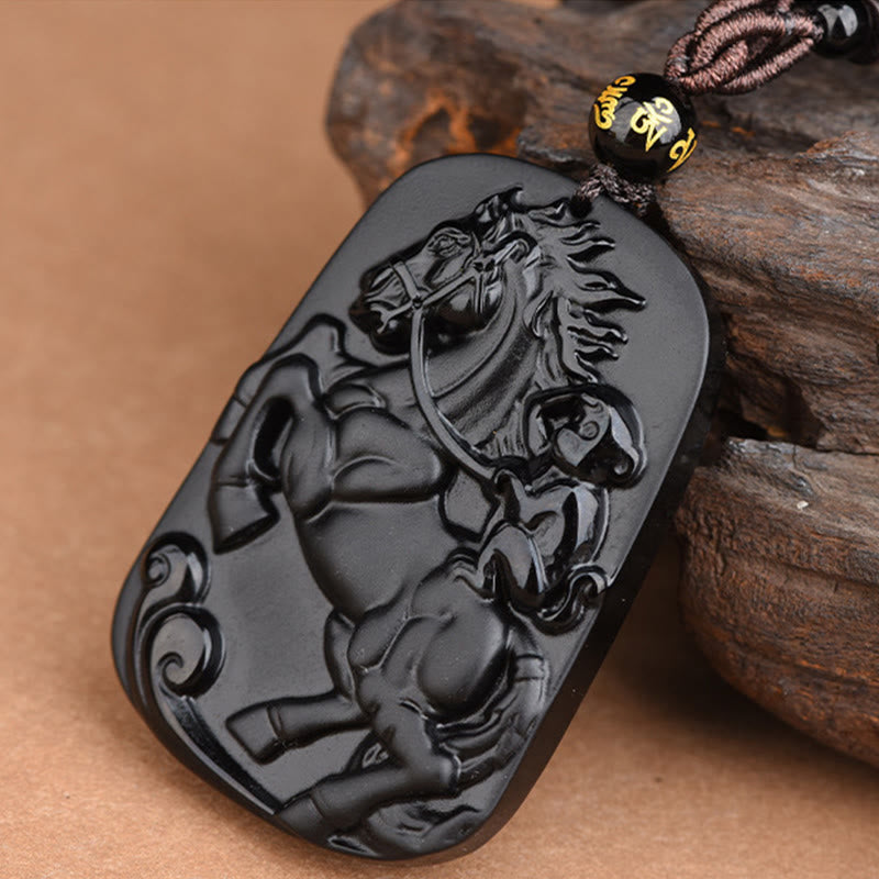 Year of the Horse Monkey Design Black Obsidian Purification Necklace Pendant