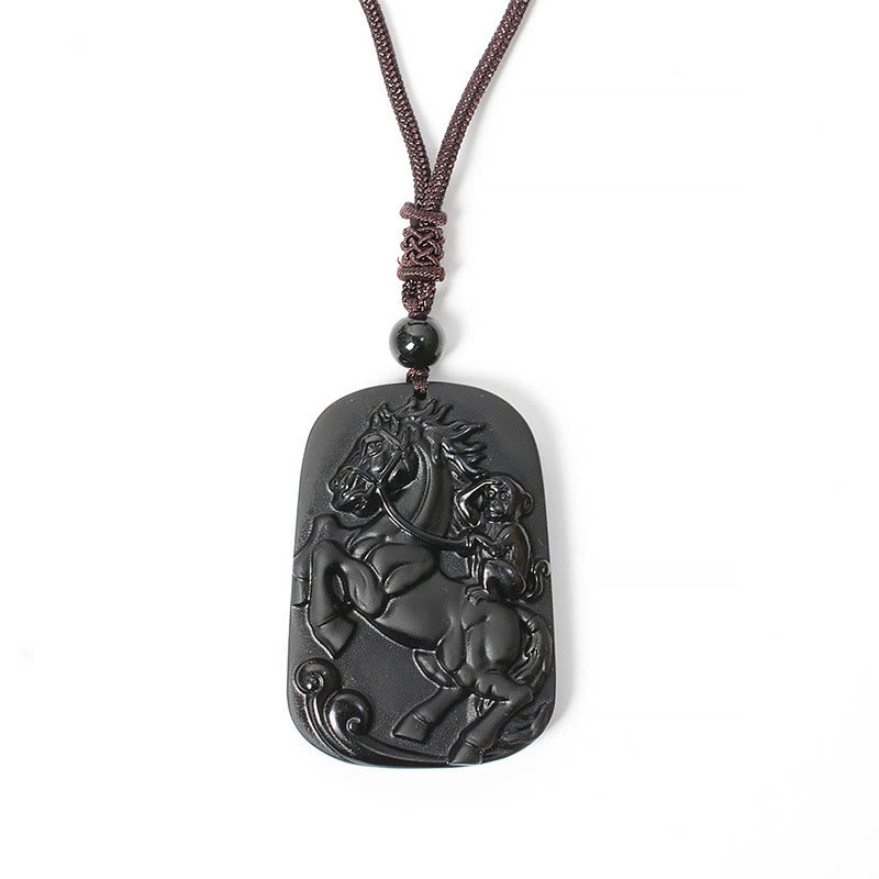 Year of the Horse Monkey Pattern Om Mani Padme Hum Black Obsidian Strength Necklace Pendant