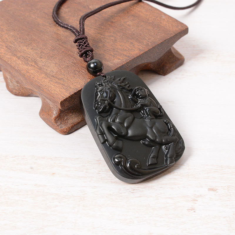Year of the Horse Monkey Design Black Obsidian Purification Necklace Pendant