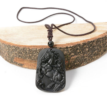Year of the Horse Monkey Design Black Obsidian Purification Necklace Pendant