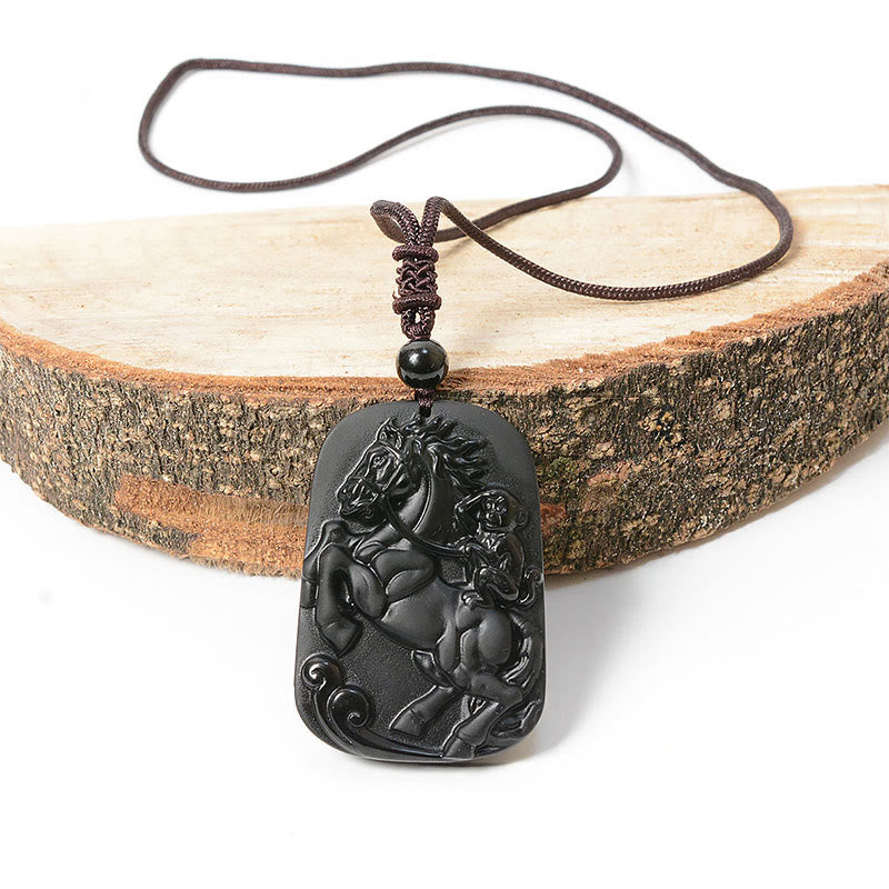 Year of the Horse Monkey Design Black Obsidian Purification Necklace Pendant