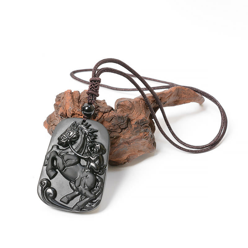 Year of the Horse Monkey Pattern Om Mani Padme Hum Black Obsidian Strength Necklace Pendant