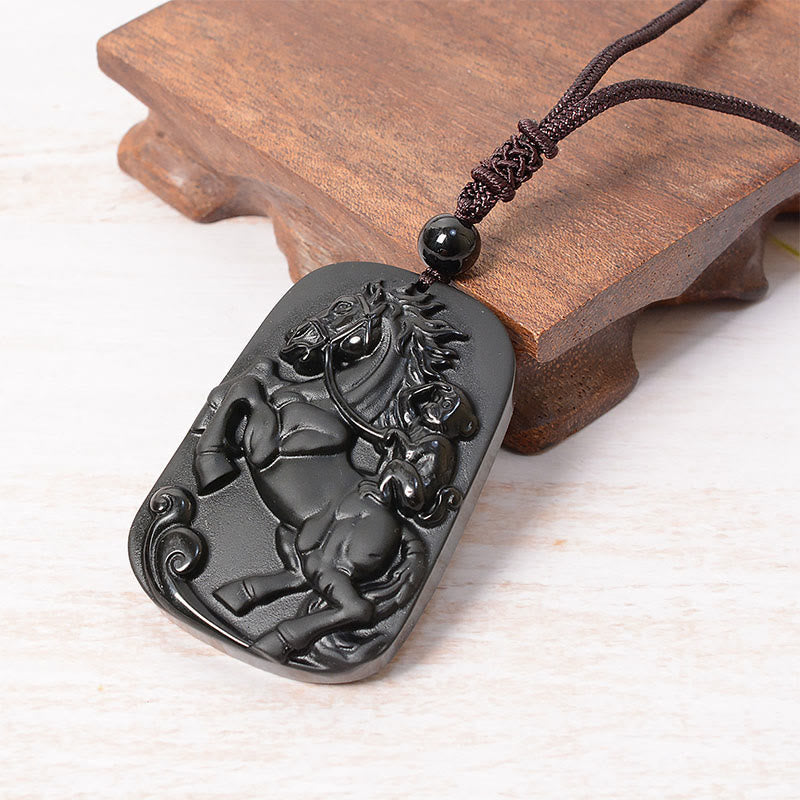 Year of the Horse Monkey Design Black Obsidian Purification Necklace Pendant